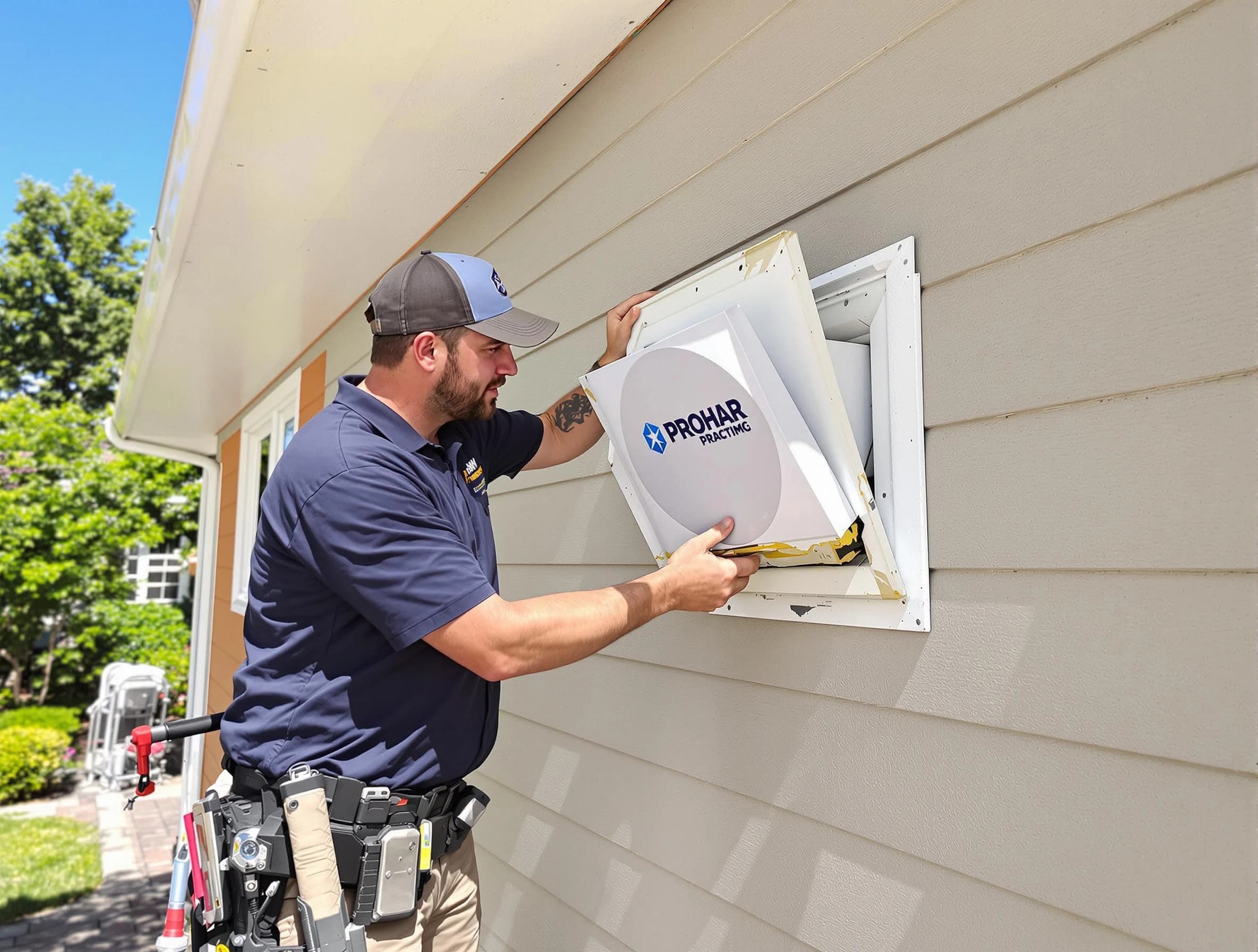 Grayson Valley Dryer Vent Cleaning technician installing a new protective dryer vent cover on a home in Grayson Valley
